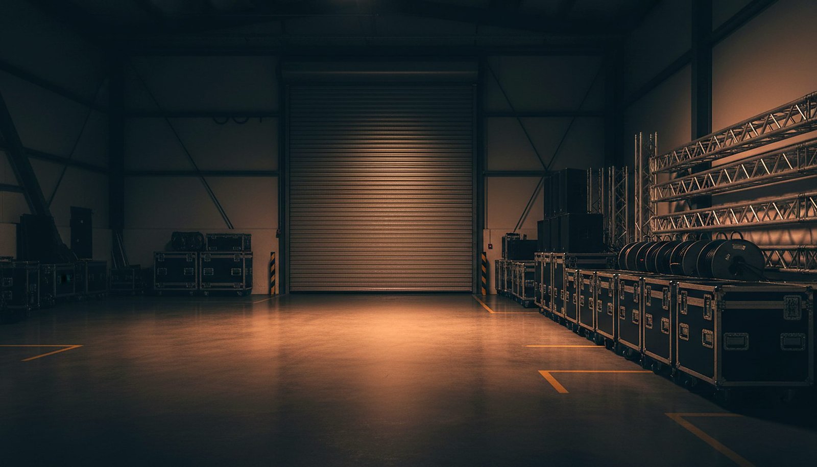 Lagerhalle mit Veranstaltungstechnik in Cases